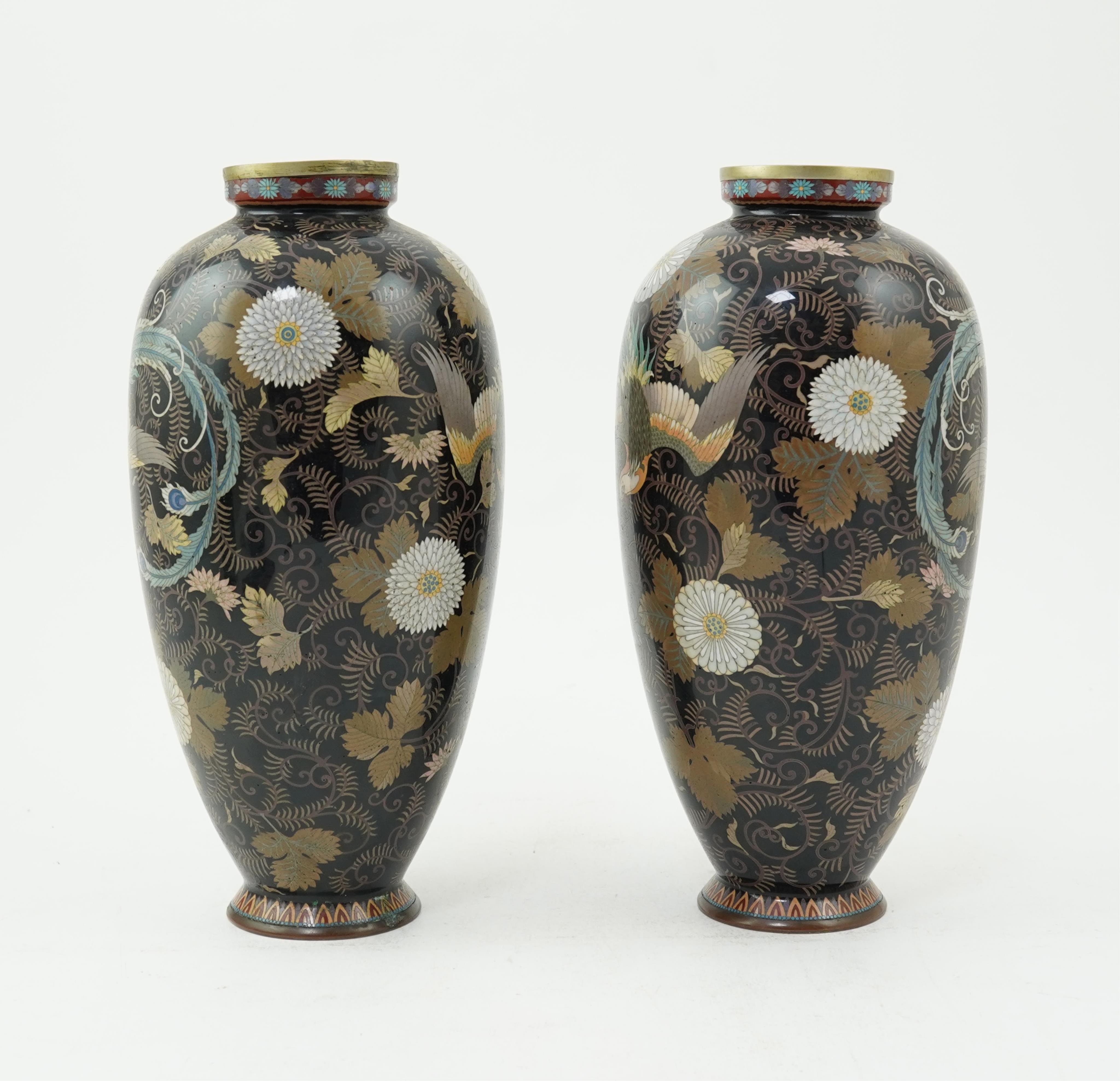 A pair of Japanese cloisonné enamel ‘phoenix’ vases, by Gonda Hirosuke I, Meiji period